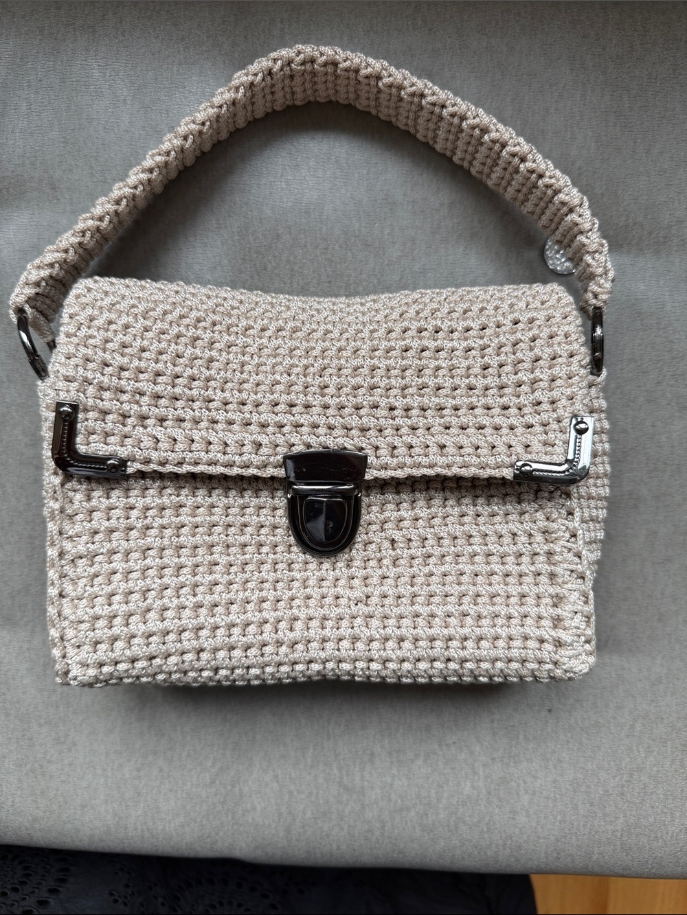 Cream Crochet Shoulder Bag with Silver-Tone Hardware
